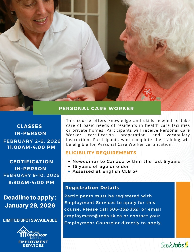 Newcomer Opportunity: Personal Care Worker Prep Workshop & Certification