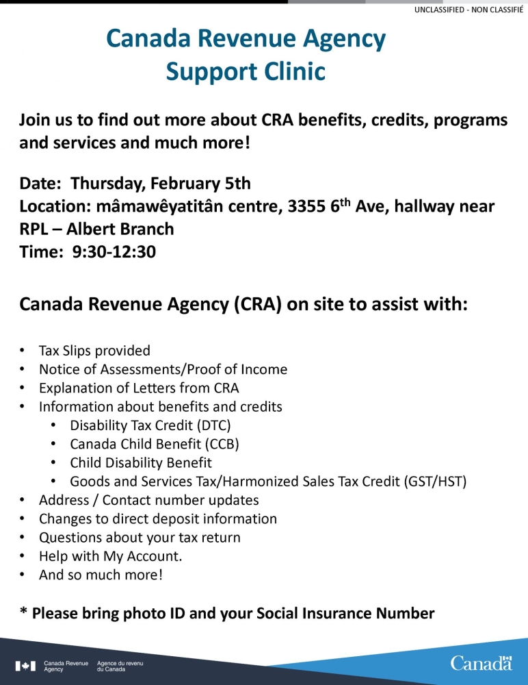 Community Event: CRA Support Clinic at mâmawêyatitân Centre