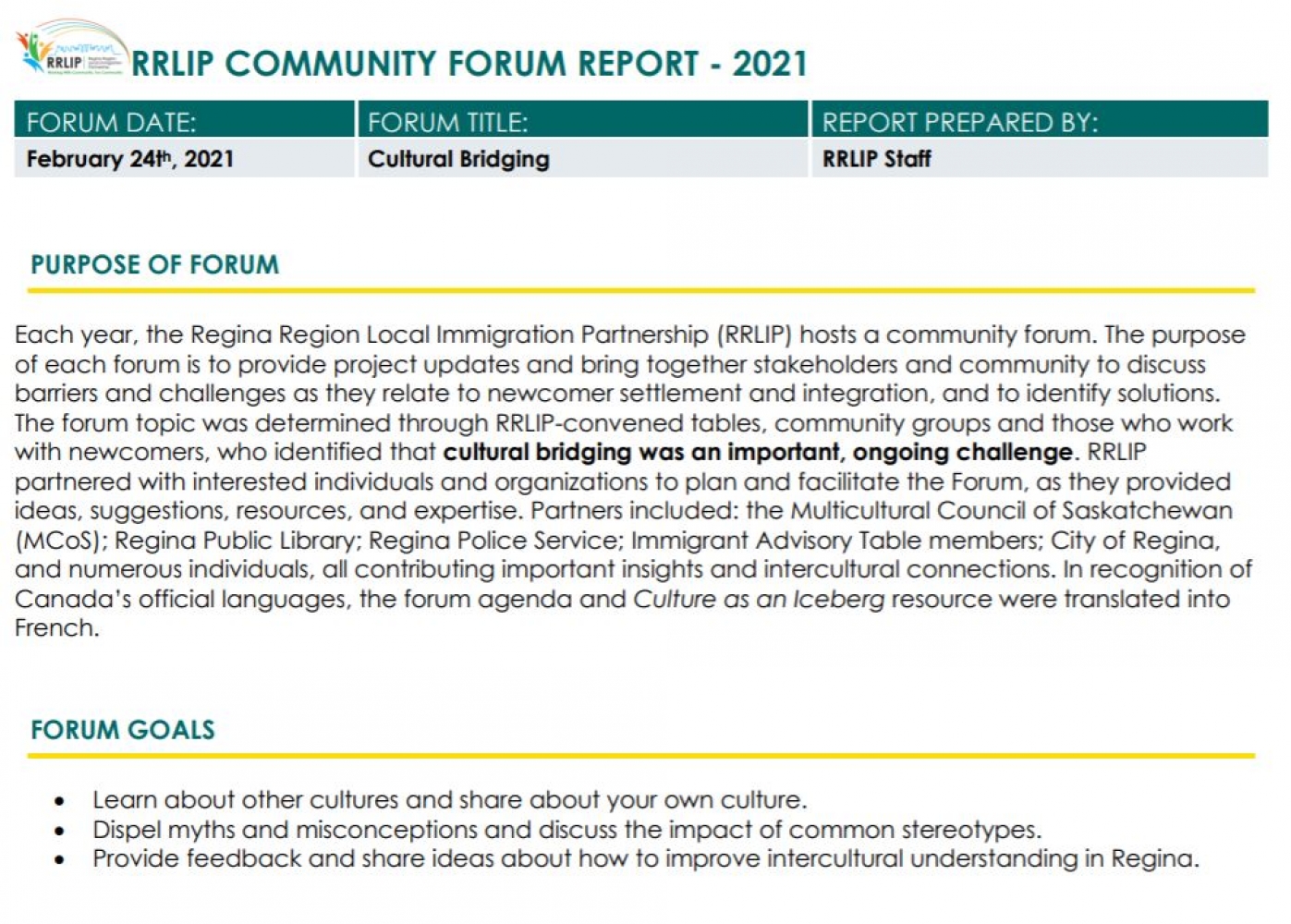 Cultural Bridging Forum Report and Resources - Available now on the RRLIP website!