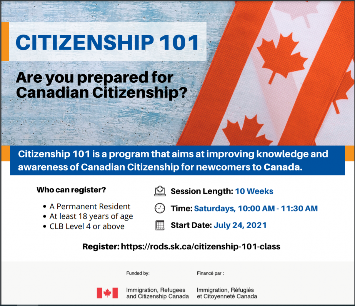 Free Online Citizenship Class Starting July 24 - facilitated by Regina Open Door Society (RODS)