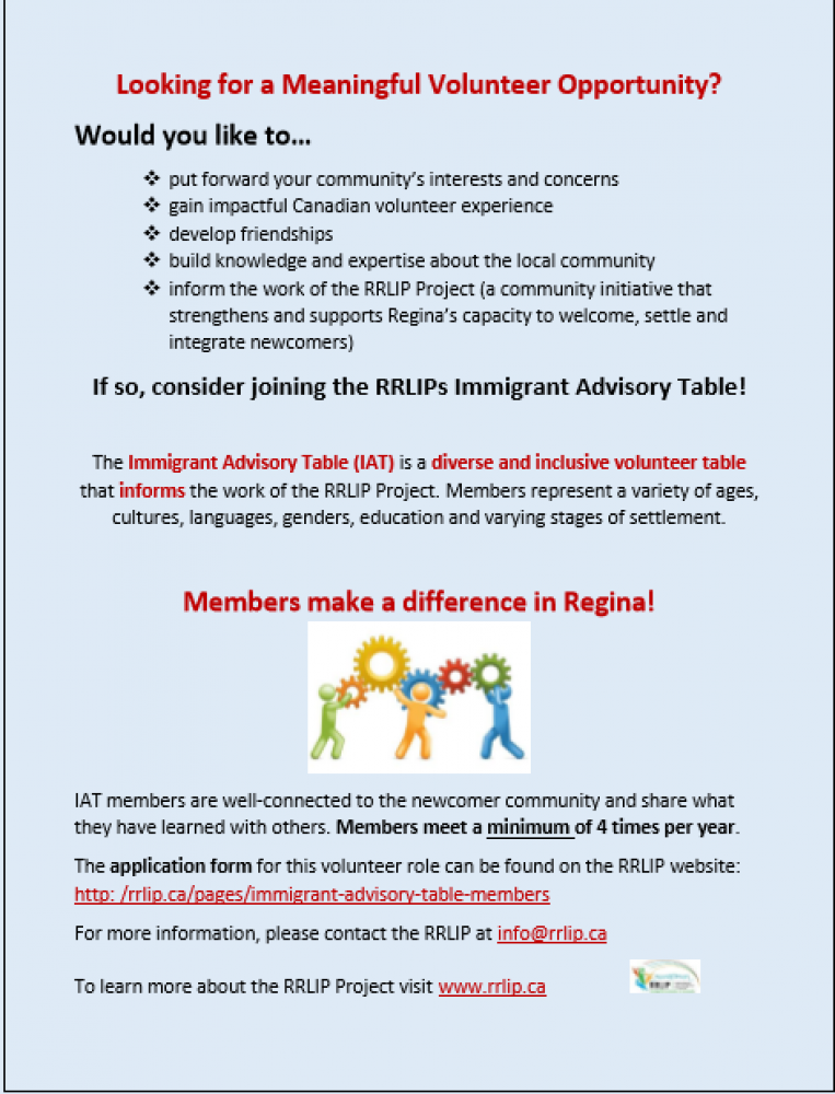 Volunteer Opportunity with the RRLIP (Regina Region Local Immigration Partnership)!