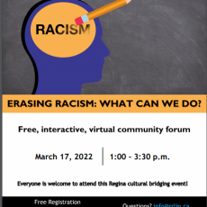 Erasing Racism: What Can WE Do?  Free Virtual Community Forum.  March 17 - 1-3:30 pm.  Register today!  